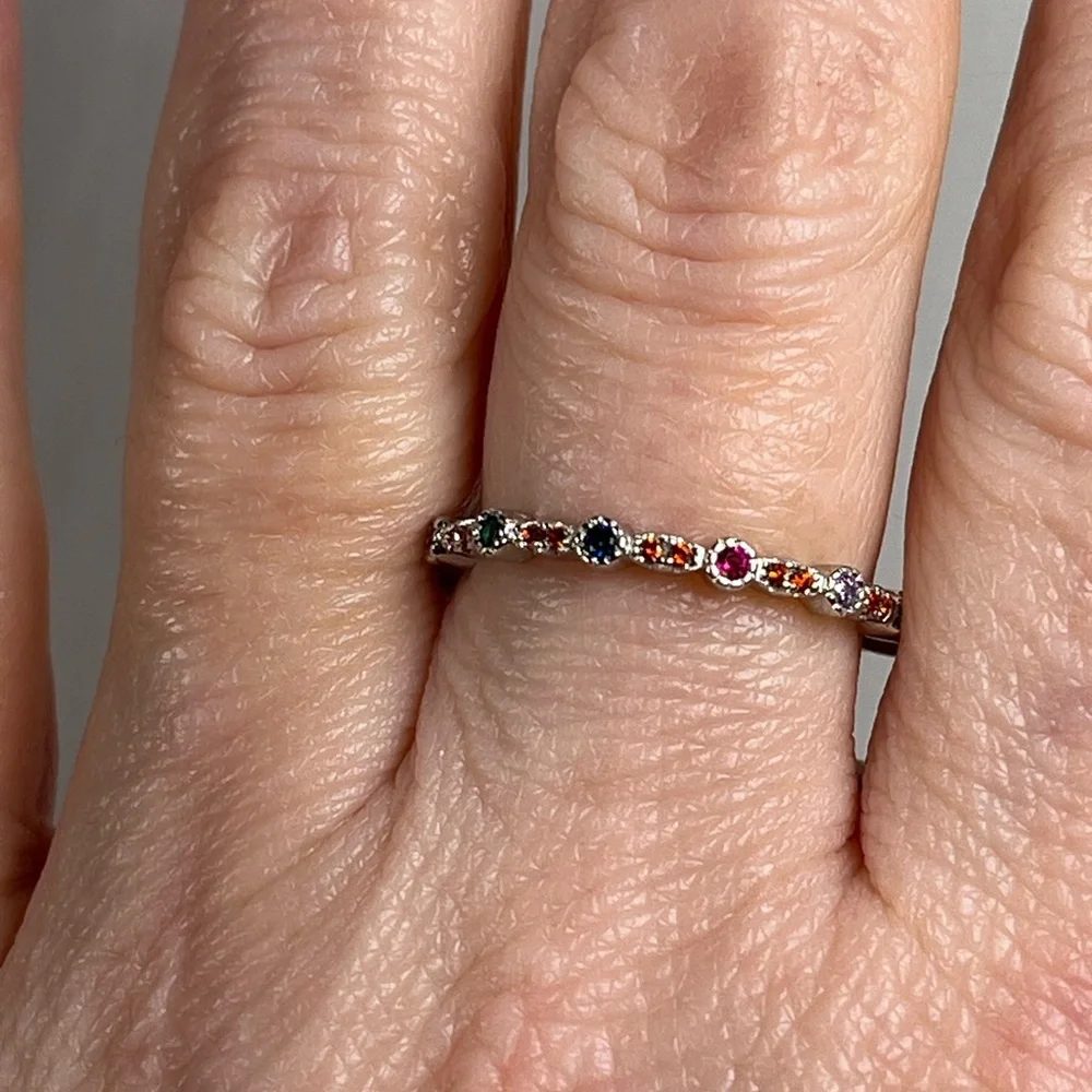 Rhodium Plated Solid Sterling Silver Multicolored CZ Stacking Ring Size 7.75